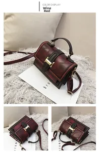 Detailed views of a vintage wine red crossbody bag with strap and metal buckle