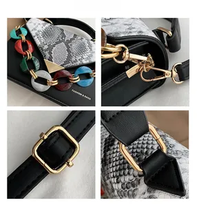 Detail shot of snakeskin texture, resin chain link, and golden metal hardware of handbag