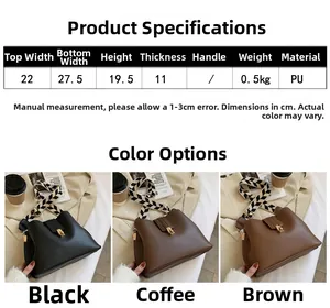 Detailed size chart and dimensions of the stylish large capacity PU leather bucket bag