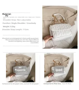 Detail showing dimensions of white quilted shoulder bag with gold chain and iPad capacity