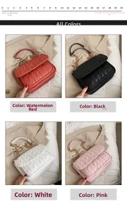 Detailed grid view of quilted chain crossbody bags in red, black, white, and pink