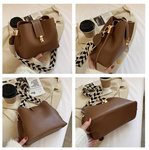 Detail view of brown shoulder bag with geometric strap from four different angles