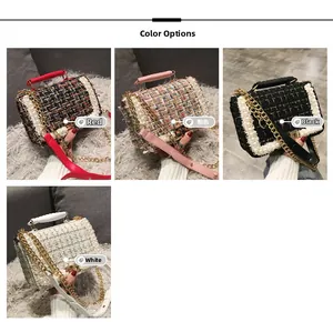 Détails de sacs bandoulière en tweed en couleurs rouge, rose, noir et blanc