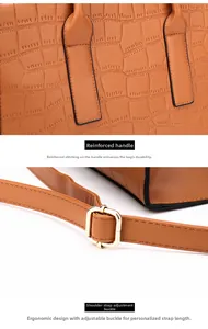 Detailed view of reinforced brown crocodile texture tote handle and metal buckle strap
