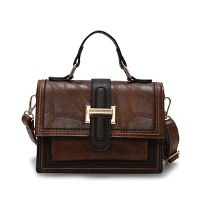 Vintage Women PU Leather Shoulder Bag Retro Contrast Stitching Crossbody Handbag With Metal Buckle Square Messenger Bag