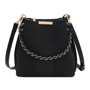 Retro black crocodile pattern bucket bag with gold chain and crossbody strap