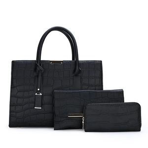 Vintage 3-piece black crocodile pattern handbag set including tote and wallet