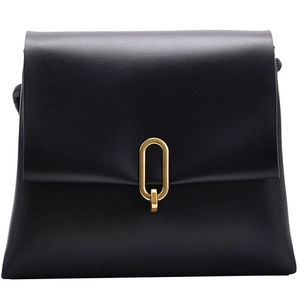 Classic black leather-style crossbody bag with elegant gold oval metal buckle hardware