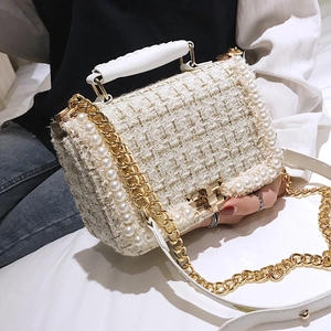 Sac À Bandoulière En Tweed Künstliche Perles D'Imitation Tissé Sac À Main Chaîne Fermoir Carré Élégant Pour Femmes