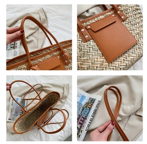 Detailed views of woven straw bag showing brown leather straps and metal buckle accents