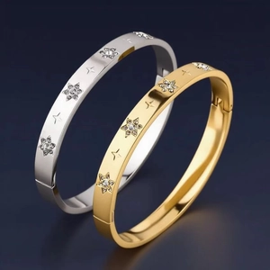 Star Pattern Rhinestone Stainless Steel Bangle Fashion Minimalist Elegant Wrist Jewelry For Women High Polished Finish
