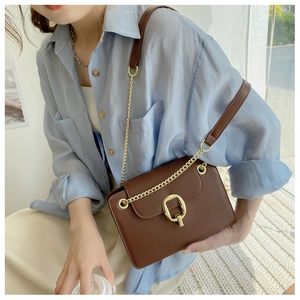 Detailed view of a brown leather shoulder bag with a gold oval clasp and chain strap
