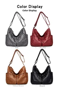 Detail view of large capacity soft leather crossbody bag in four vintage colors
