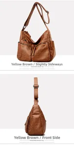 Detail view of yellow-brown soft leather shoulder bag with multiple zippered pockets