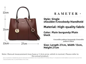Detailed size chart for solid color crossbody handbag with handle dimensions