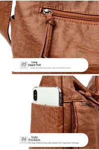 Detail of dark brown pebble leather bag with long knotted zipper pull and side pocket