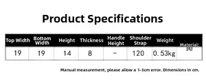Detailed size chart for the PU chain crossbody bag showing dimensions and strap length
