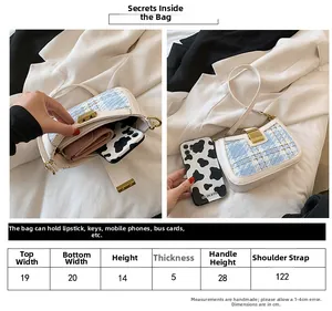 Size guide for blue and white tweed crossbody bag with interior space and dimensions