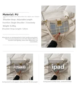 Size comparison and dimensions of this white plaid crossbody bag with 120cm strap