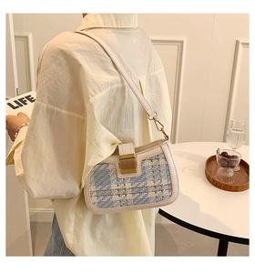 Detail of tweed shoulder bag featuring a golden square buckle and off-white leather trim