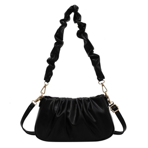Fashionable black pleated cloud handbag with glossy texture and versatile dual straps