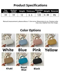 Detailed size chart showing 19x12x5.5cm dimensions of the pleated mini PU handbag
