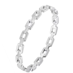 Elegant silver rectangle link bracelet featuring polished steel and micro-pave crystals