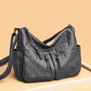 Vintage dark grey soft leather crossbody bag with multiple pockets and adjustable strap