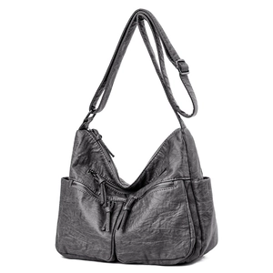Vintage dark gray soft leather crossbody bag with large capacity and multi-pocket design