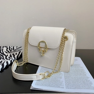 Women PU Leather Small Square Bag With Metal Chain Strap Gold Buckle Flap Shoulder Crossbody Handbag For Daily Match