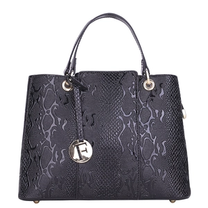 Classic black embossed leather handbag with golden F-pendant and stylish tassels