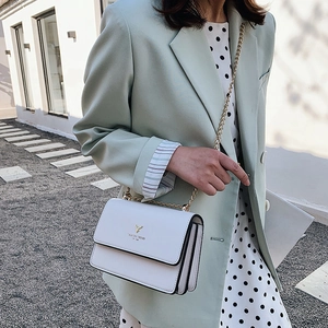 White leather shoulder bag with golden deer logo and chain strap worn with mint blazer