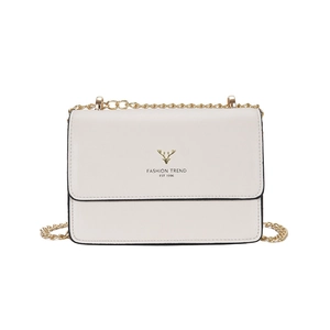 Modern white PU leather crossbody bag with golden deer emblem and fine chain strap