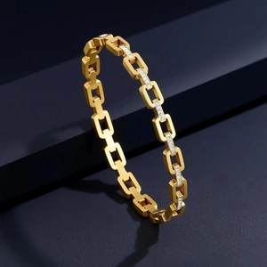 Bracelet Jonc à Maillons Carrés en Acier Inoxydable pour Femme Mode Strass Incrusté Chaîne Géométrique Bijoux