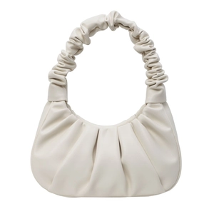 Chic cream ruched underarm bag with pleated hobo cloud design and structured half-moon shape