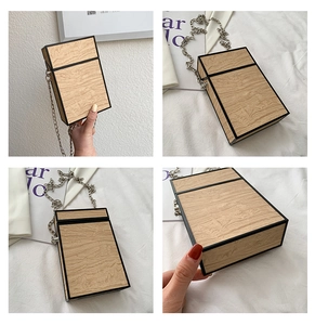 Detail of wooden texture box bag with silver chain and black edges in four-grid view