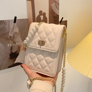 Quilted Phone Crossbody Bag For Women PU Leather With Artificial Pearl Metal Chain Strap Elegant Small Square Handbag