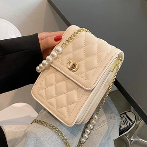 Chic beige quilted phone bag with elegant pearl and gold chain strap for women