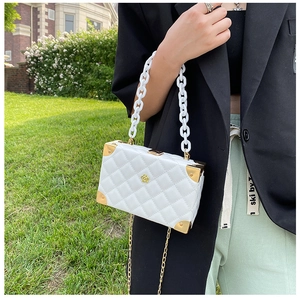 Detail of white box bag with lychee pattern, acrylic chain, and gold metal corners