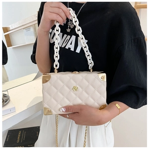 Detail of cream box bag with gold metal corners and acrylic chain strap shown on model