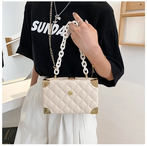 Detail of cream box bag showing lychee pattern, gold corner guards, and acrylic chain strap