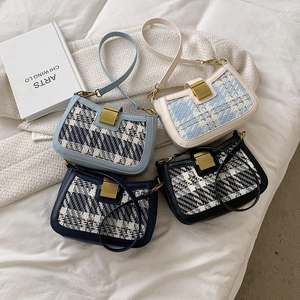 Women Tweed And PU Leather Shoulder Bag Retro Small Square Crossbody With Gold Metal Lock Buckle Elegant Plaid Flap Purse