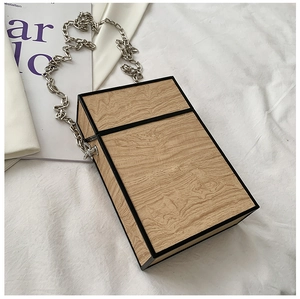 Macro detail of wood grain pattern hard shell bag with sleek black frames and silver chain