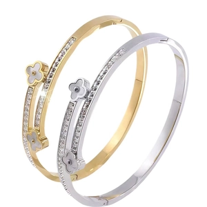 Polished titanium steel bangle with clover shell inlay and sparkling zirconia stones