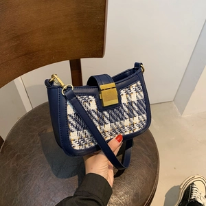 Vintage blue tweed underarm bag with gold square buckle and adjustable leather strap