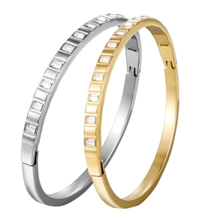Minimalist stainless steel oval bangles in gold and silver with rectangular zircon stones