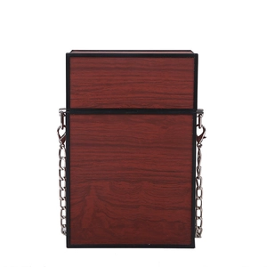 Vertical small square crossbody bag with brown wood grain pattern and silver chain