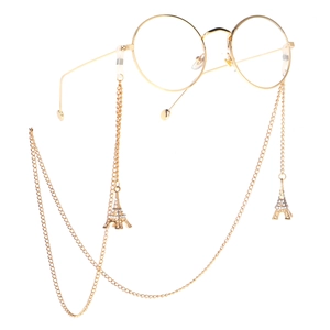 Golden round glasses with anti-slip chain featuring rhinestone Eiffel Tower charms