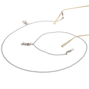 Silver owl sunglasses chain with non-slip rubber loops shown on gold wire glasses