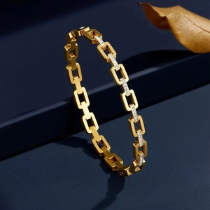 Luxury Stainless Steel Pave Rhinestone Rectangular Link Bangle For Women Fashion Geometric Waterproof Jewelry Bracelet Gift